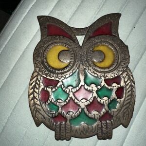 VTG MCM Cast Iron & Stain Glass Owl Trivet Taiwan Retro 60-70s Granny Kitchen